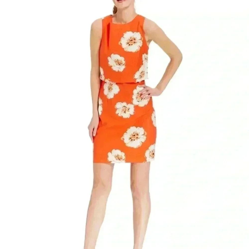 Ivanka Trump Linen Blend Floral Orange Dress